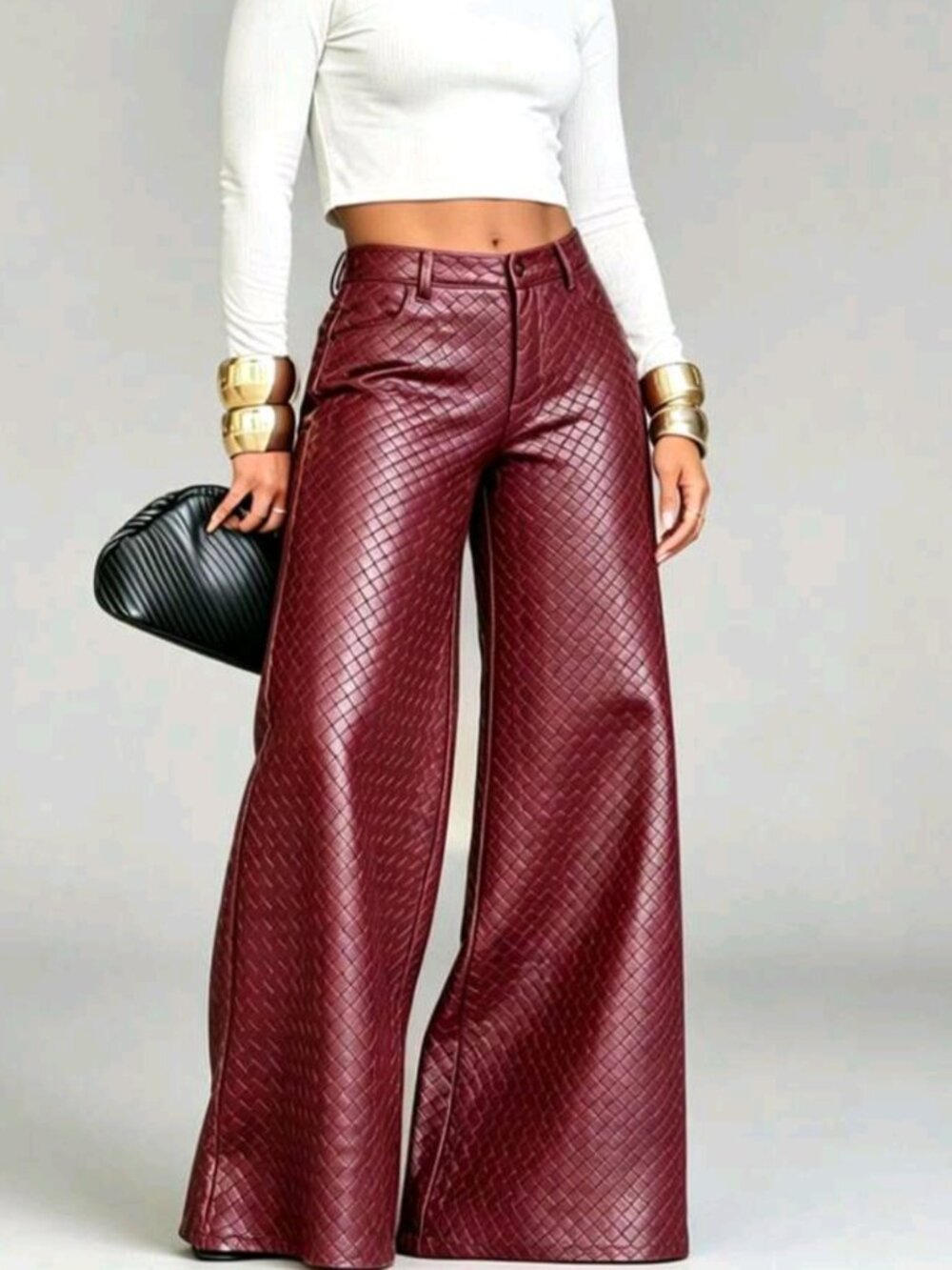 Women's Red Quilted Faux Leather High Waist Wide Leg Pants Zipper Fly Casual